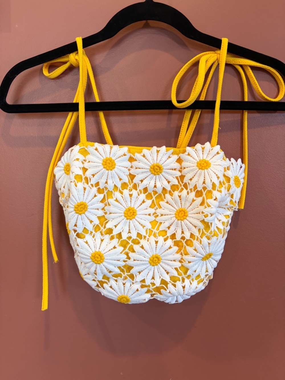 Daisy Crochet Tie-Strap Crop Top in Yellow & White - Picture 1 of 3
